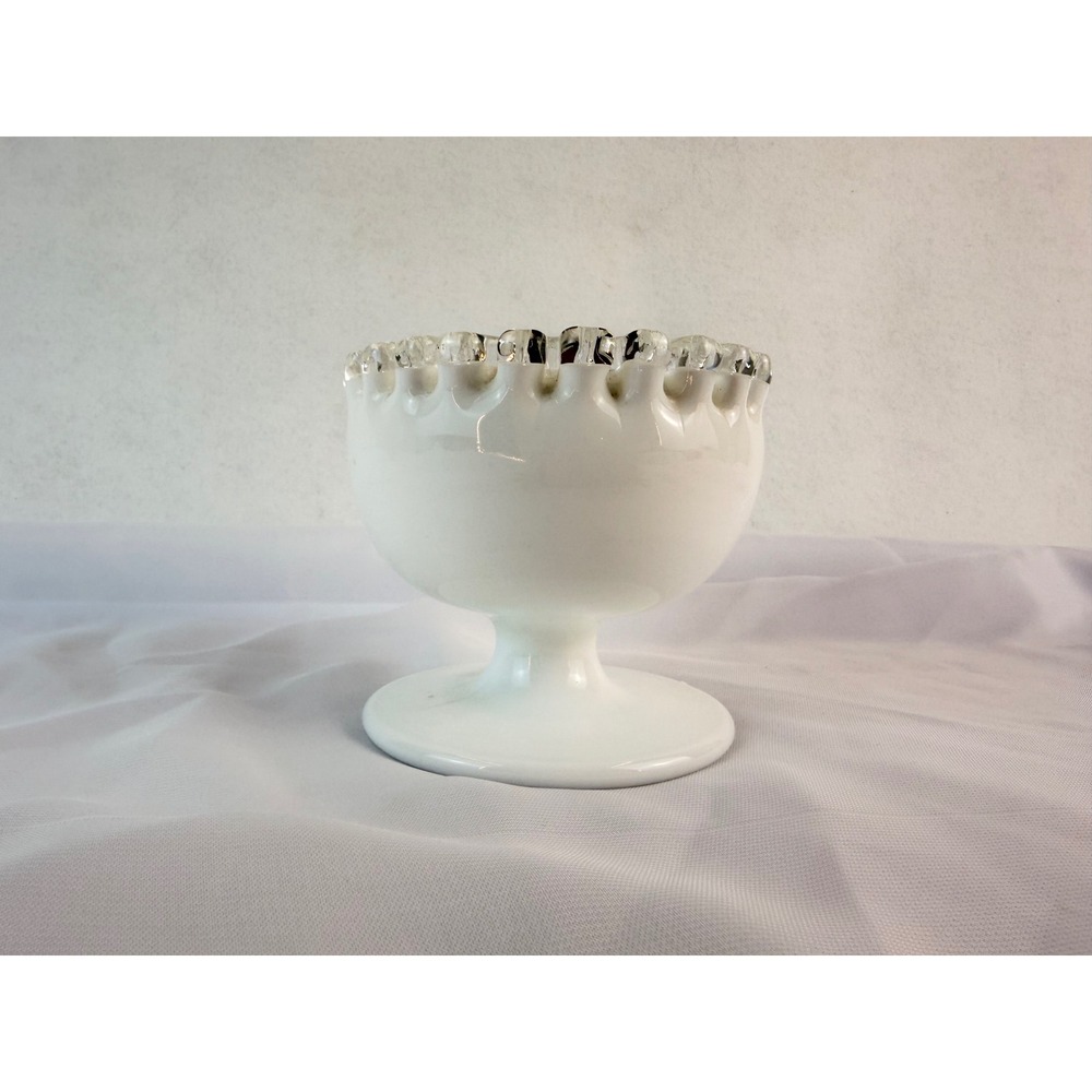 Fenton Silver Crest Milk Glass Ruffled Pedestal Bowl Vintage White Clear Rim
